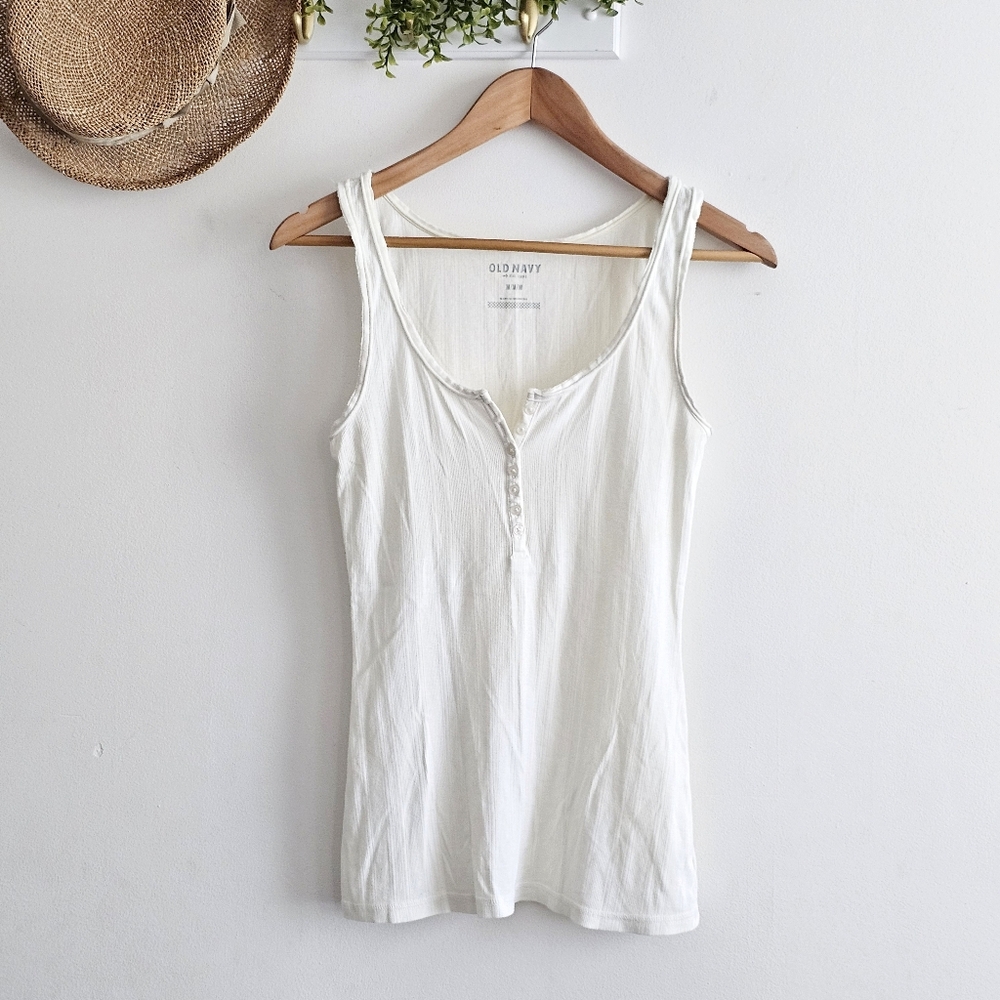 Y2K Old Navy Ribbed Henley Tank Top Butter White Minimalist Stretch M